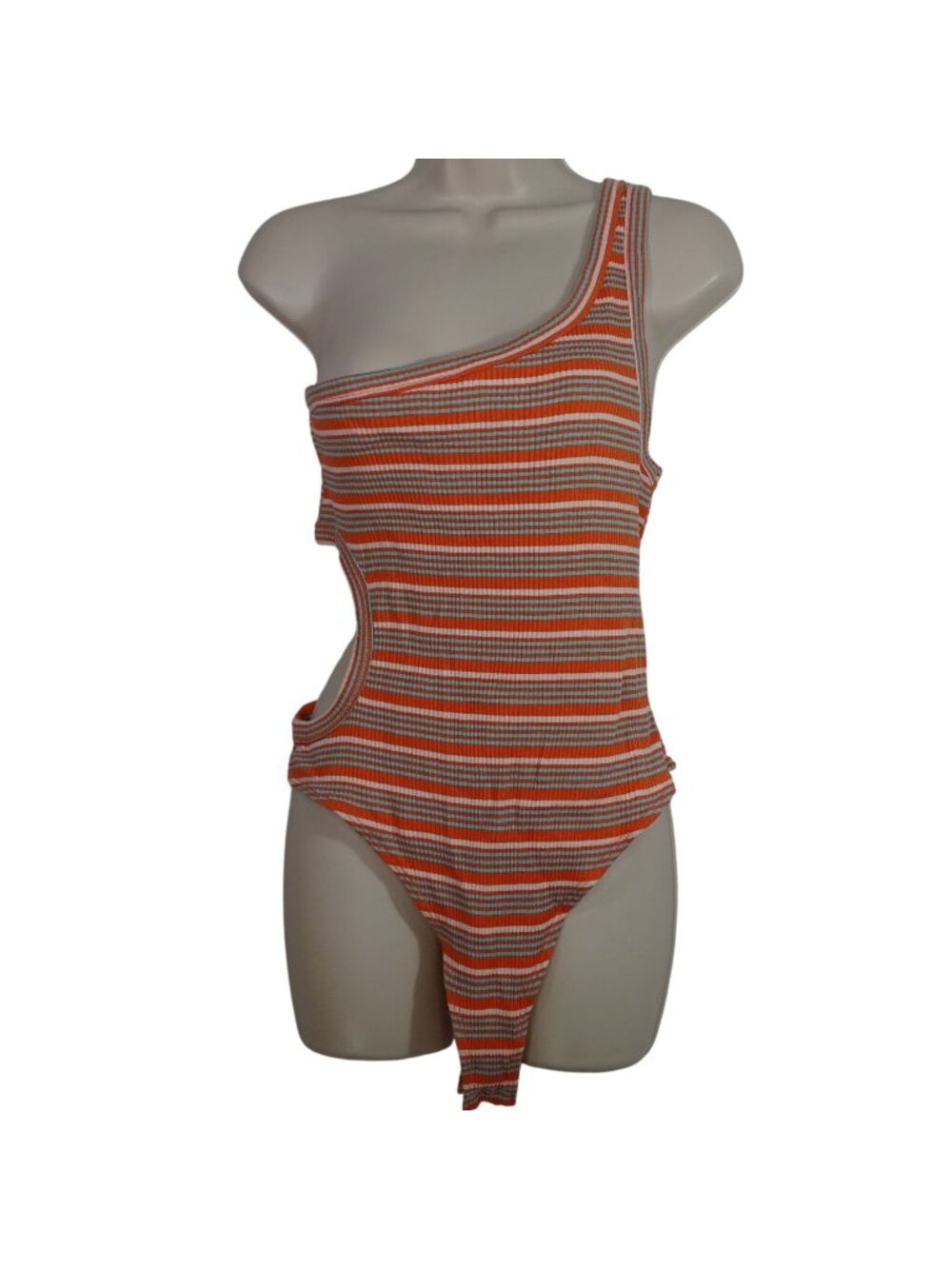 Wild Fable Orange Stripe One Shoulder Cutout Thong Bodysuit Women Size XL Summer
